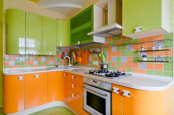 kitchen interior in orange and light green tones