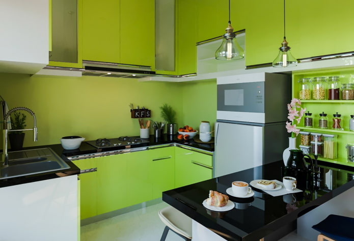 lighting and decor in the interior of the kitchen in light green tones