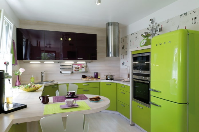 furniture and appliances in the interior of the kitchen in light green tones