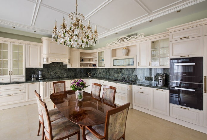 kitchen design with crystal chandelier