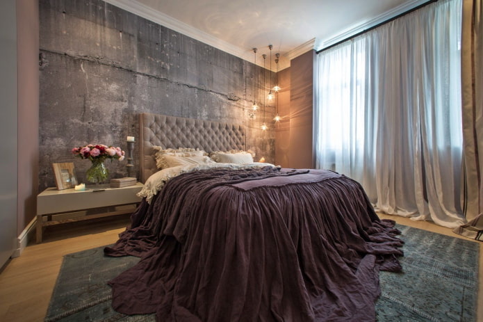 textiles and decor in the interior of the bedroom in an industrial style