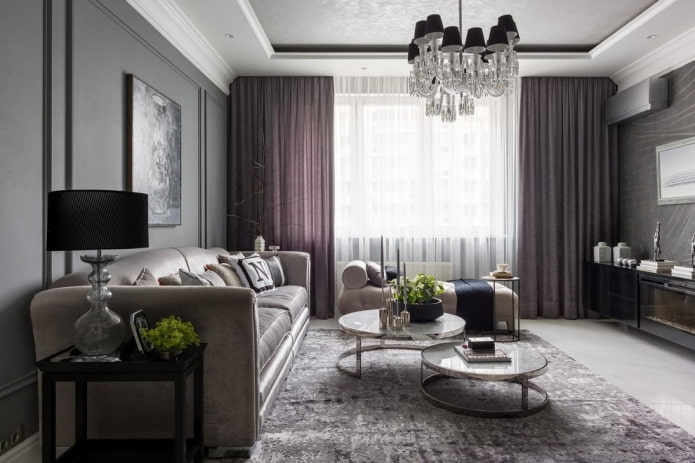 curtains in the interior of a gray living room