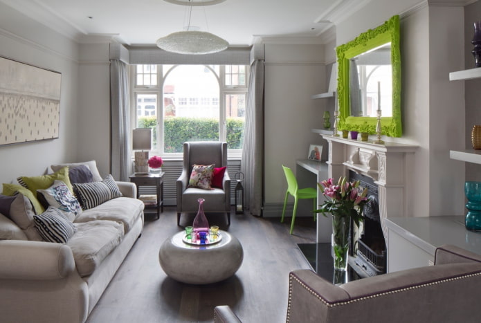 gray living room interior with bright accents