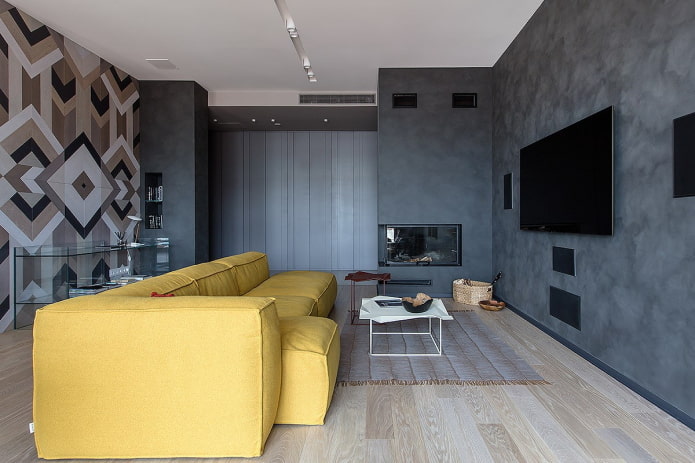 living room interior design in shades of gray