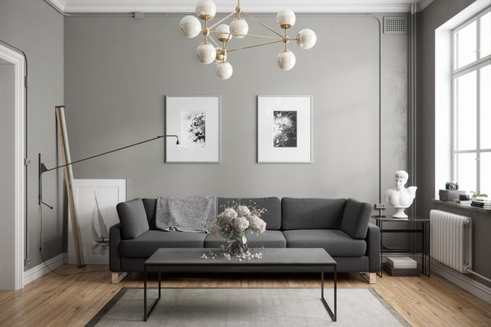 living room interior design in shades of gray