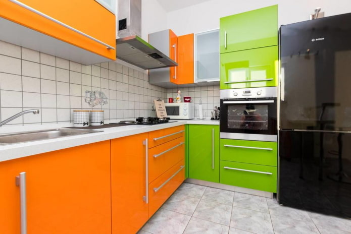 kitchen interior in green and orange colors