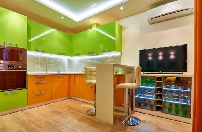 kitchen interior in green and orange colors