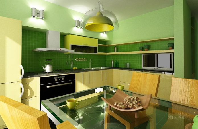 kitchen interior in yellow-green tones