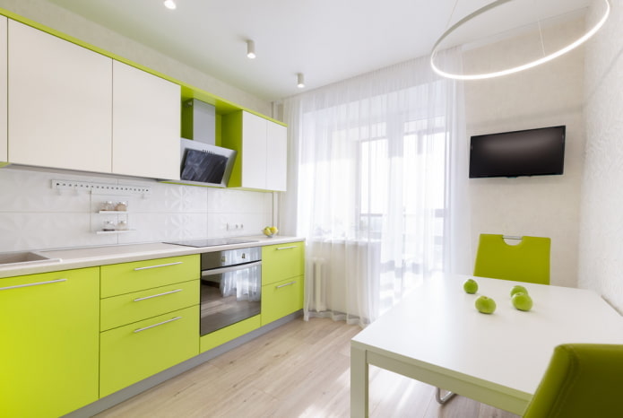 kitchen design in white and green colors