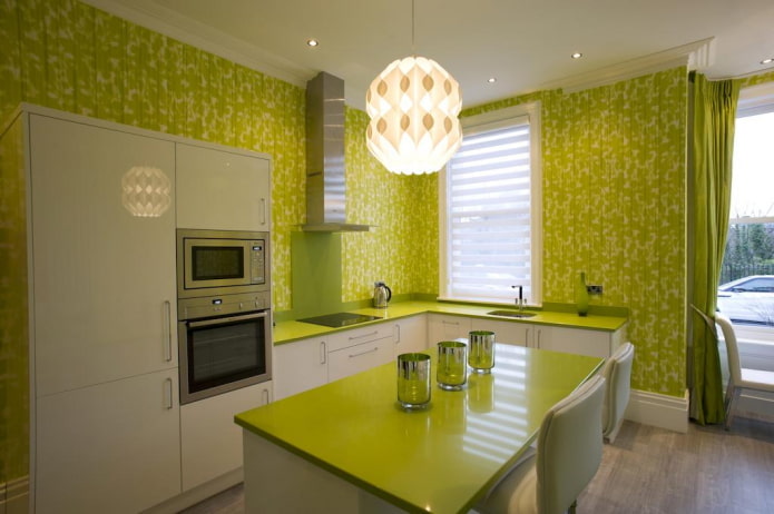 lighting and decor in the interior of the kitchen in green tones