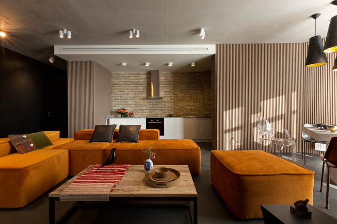 zoning of the room with a multi-level ceiling