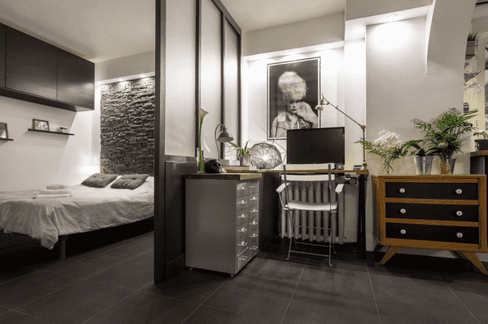 zoning in the interior of a bedroom with an office