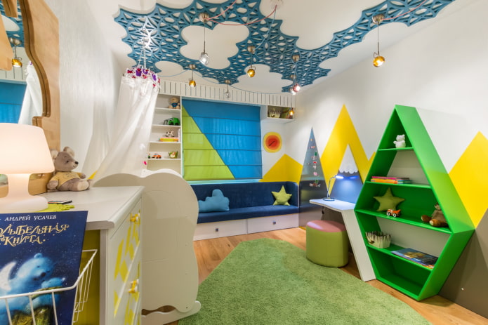 The ceiling in the nursery is decorated with a plastic lattice The ceiling in the nursery is decorated with a plastic lattice