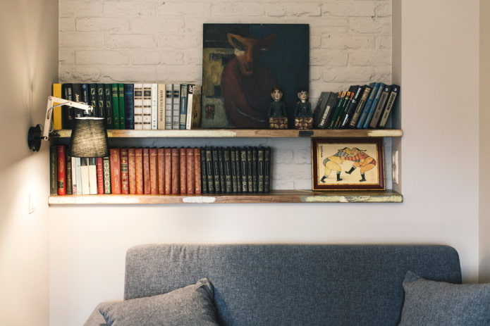 open wall shelves in the interior open wall shelves in the interior