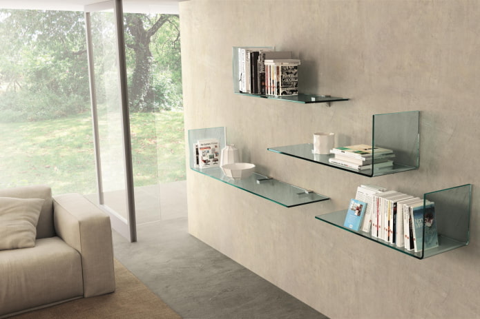 glass wall shelves in the interior glass wall shelves in the interior