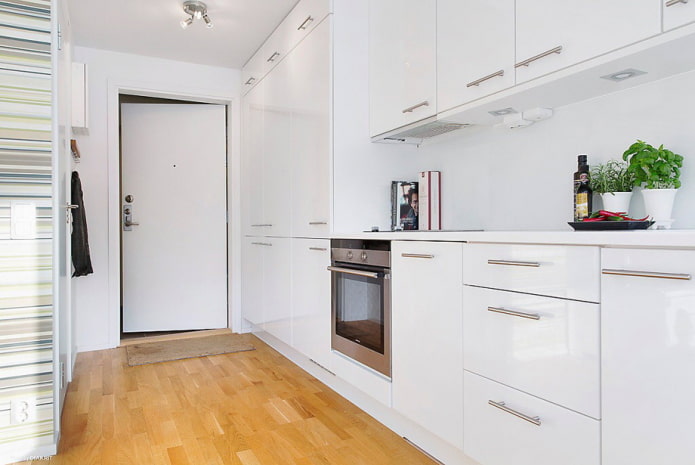 kitchen combined with a corridor in light colors