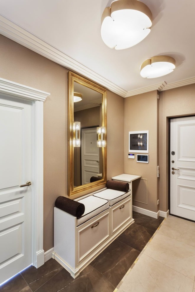 seat with a place for shoes in the interior of a narrow corridor