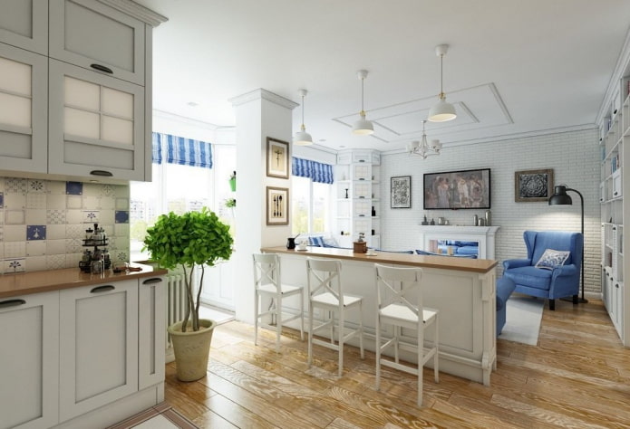 zoning of the kitchen-living room in the Provencal style