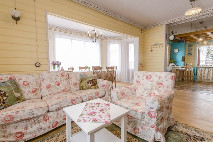 interior design of the kitchen-living room in the Provencal style