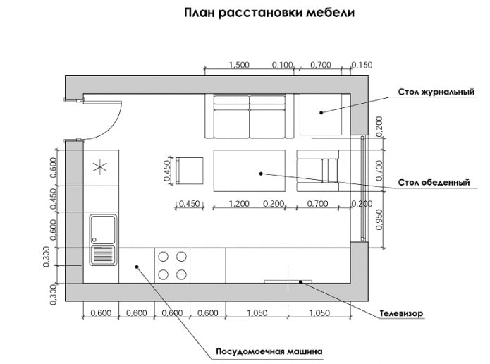 plan for the arrangement of furniture in the kitchen-living room plan for the arrangement of furniture in the kitchen-living room