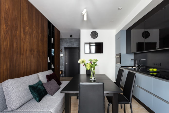 design of a rectangular kitchen-living room