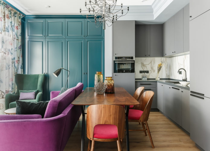 square kitchen-living room design