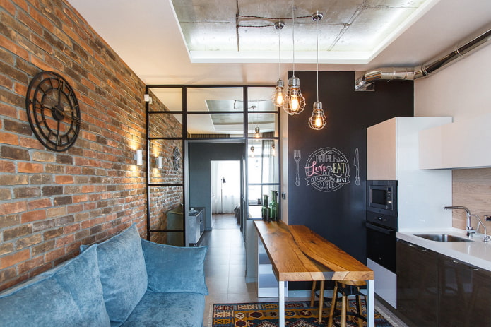 zoning of the kitchen-living room with an area of ​​12 squares