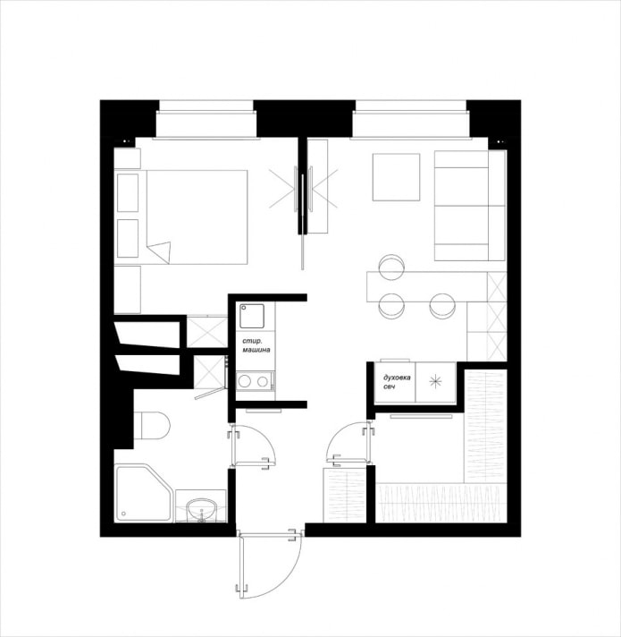 layout of the kitchen-living room with an area of ​​12 squares