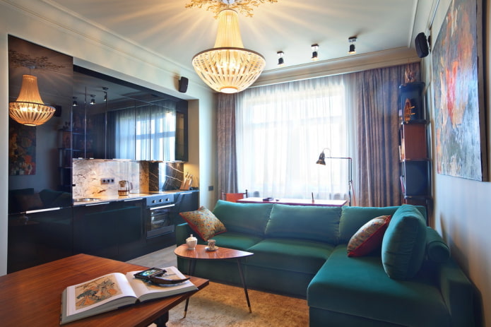 the location of the sofa in the interior of the kitchen-living room