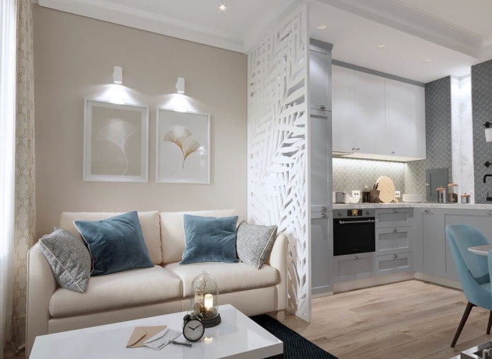 zoning of the kitchen-living room with an area of ​​12 squares