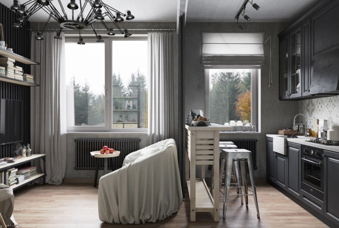 design of a small-sized kitchen-living room design of a small-sized kitchen-living room