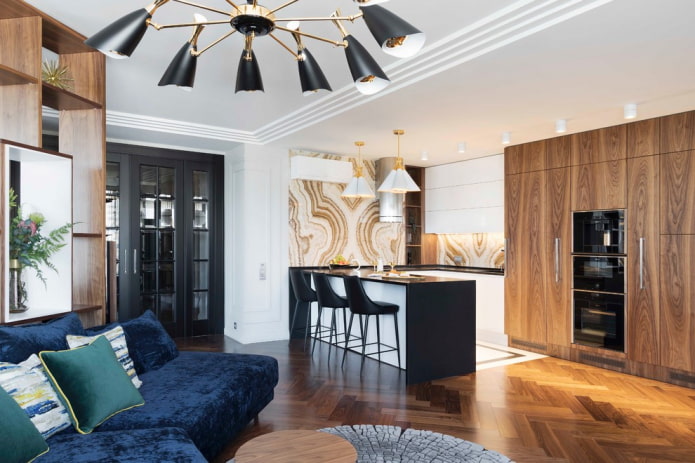 ceiling zoning in the interior of the kitchen-living room