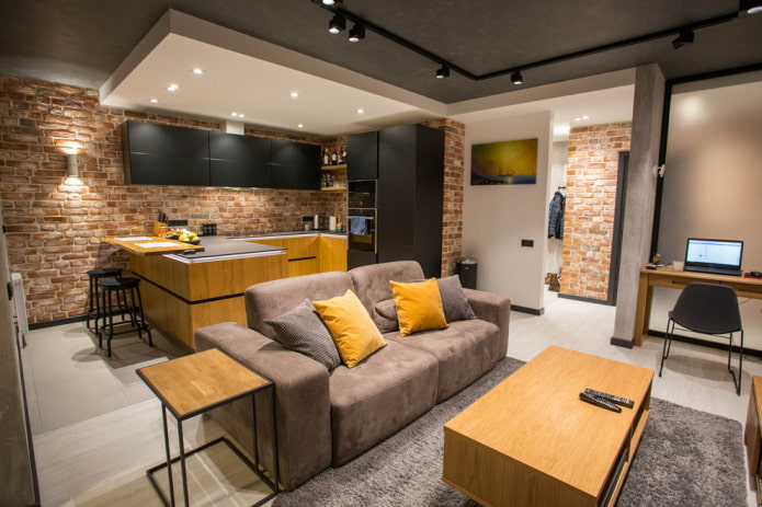 combined ceiling in the interior of the kitchen-living room