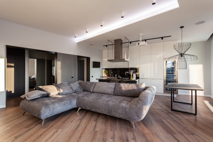 plasterboard ceiling in the interior of the kitchen-living room