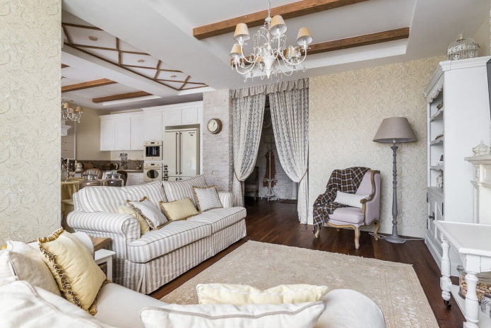 ceiling design in the interior of the kitchen-living room