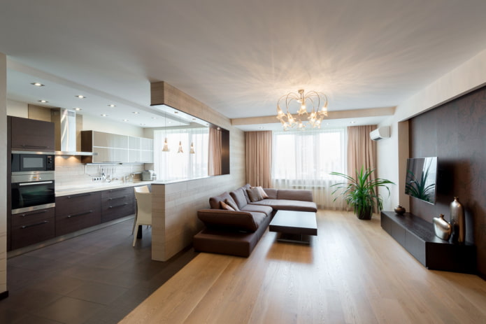 the main light in the interior of the kitchen-living room