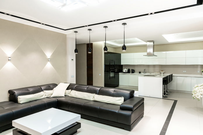 the main light in the interior of the kitchen-living room