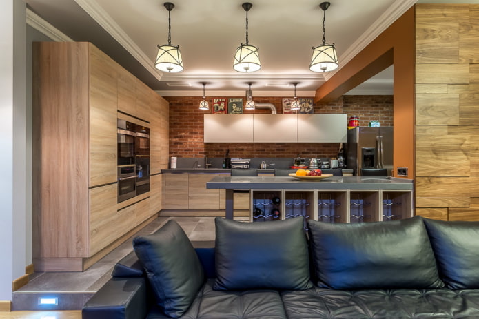 the main light in the interior of the kitchen-living room