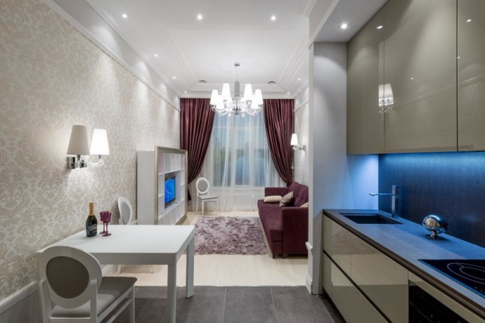 arrangement of lamps in the interior of the kitchen-living room