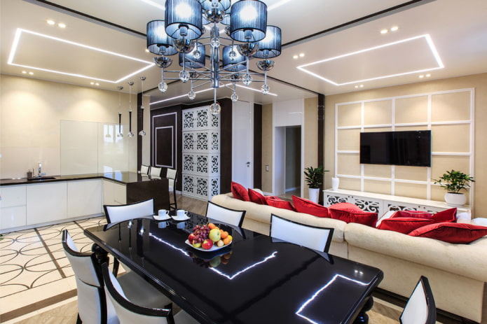 zone lighting in the interior of the kitchen-living room