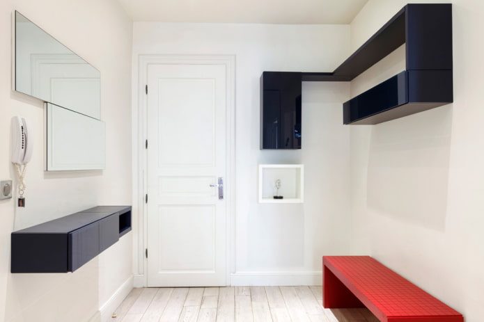 Black shelves, red bench Black shelves, red bench