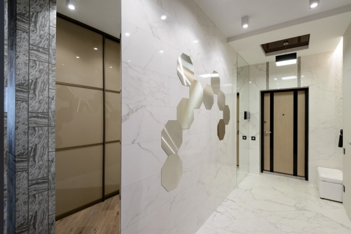 decor in the form of mirror honeycombs on the wall