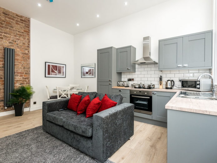 sofa in the interior of the kitchen-living room 16 squares