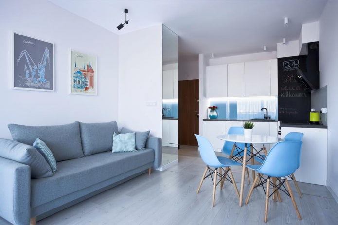 sofa in the interior of the kitchen-living room 16 squares