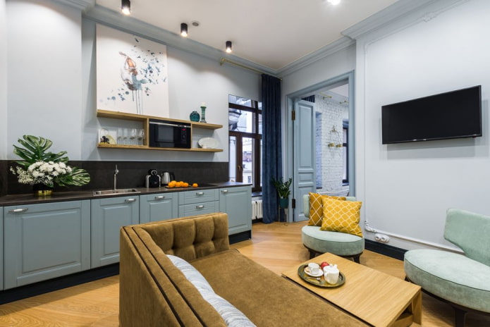 arrangement of kitchen-living room 16 squares