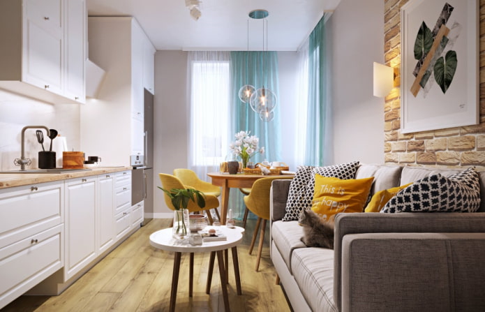 rectangular kitchen-living room 16 squares