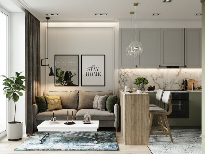 zoning of the kitchen-living room with an area of ​​16 squares