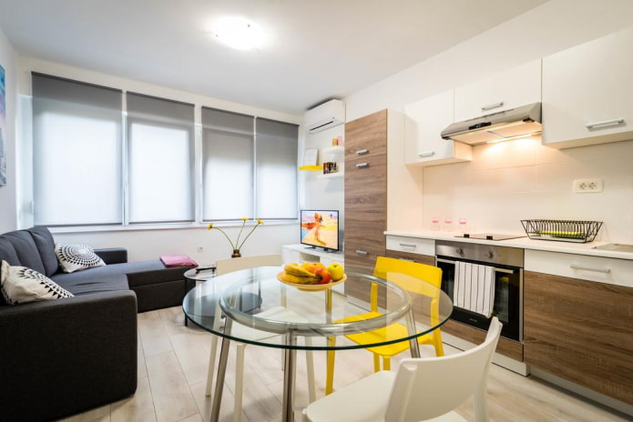 rectangular kitchen-living room 16 squares