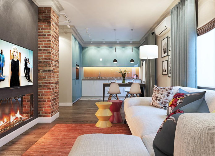 rectangular kitchen-living room design