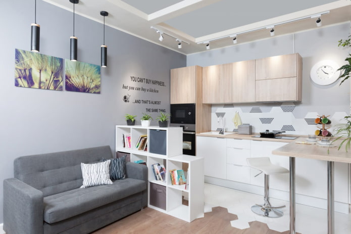 zoning of the kitchen-living room with an area of ​​15 squares
